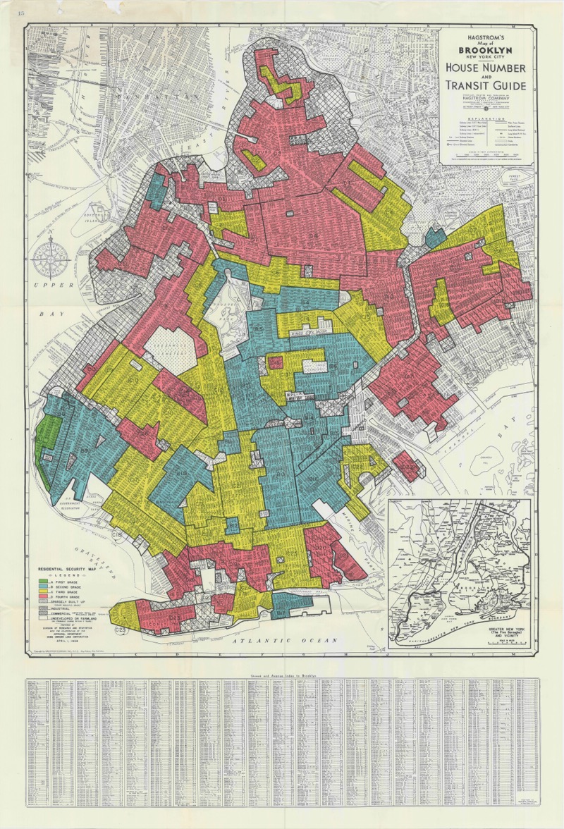 HOLC redlining map of Brooklyn, New York showing color-coded neighborhoods by mortgage risk