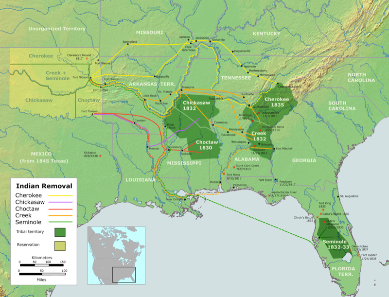 Map showing the Trail of Tears routes of forced Indigenous removal
